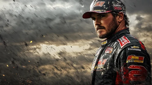 Racing driver stands in debris-filled stormy environment