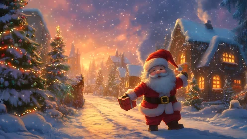 Cheerful Santa in glowing snowy village at golden sunset.