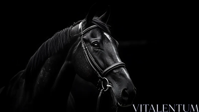 Midnight stallion emerges from shadow in sculpted light.