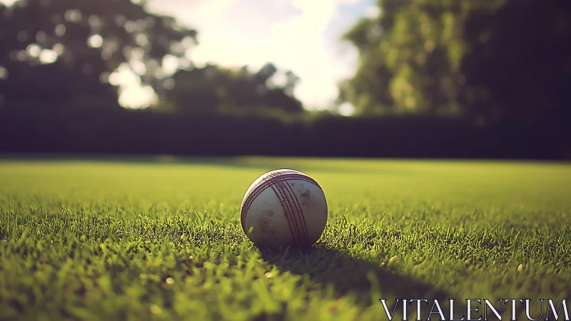 Shallow depth-of-field cricket ball study on sunlit grass surface