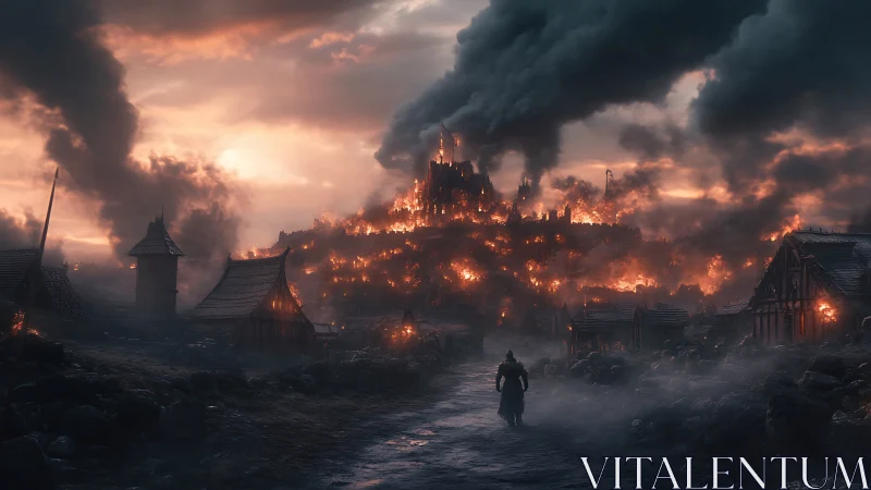 Warrior watches burning fortress under stormlit dusk sky.