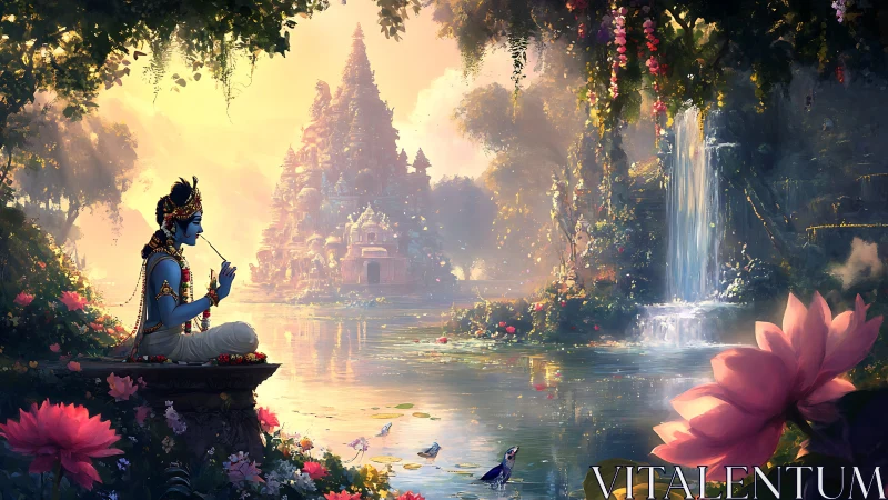 Divine blue figure meditating by lotus pond, temple and waterfall