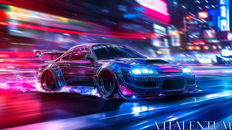 Neon street racer slices through a glowing cyberpunk city night