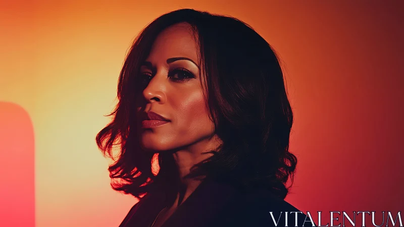 Confident woman in dramatic lighting with warm gradient tones.