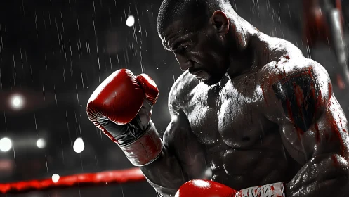 Intense boxing match moment captured in dramatic rainfall.