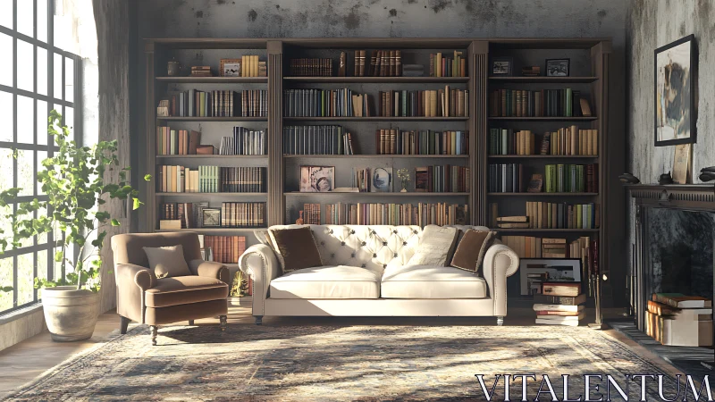 Sunlit classic library lounge with tufted sofa and bookshelves.