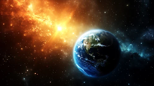 Photorealistic Earthlit horizon against stellar nebula field.