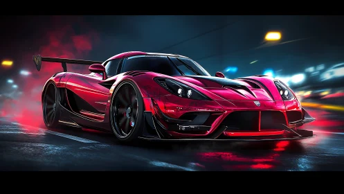 Hyperreal red supercar slices through neon-lit wet asphalt