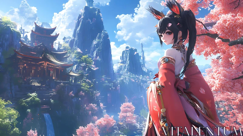 Anime girl in red kimono overlooking cherry blossom valley.