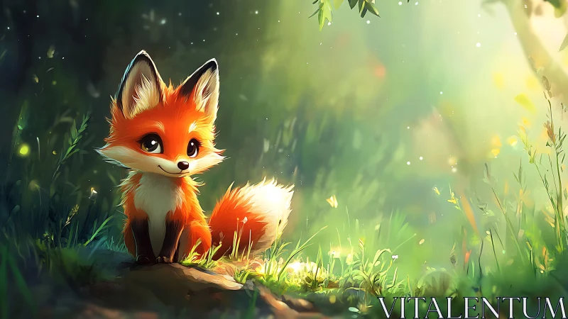 Bright eyed fox cub enjoys a gentle morning forest glow