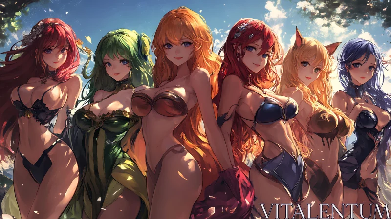 Sunlit anime heroines in ornate fantasy swimwear lineup.