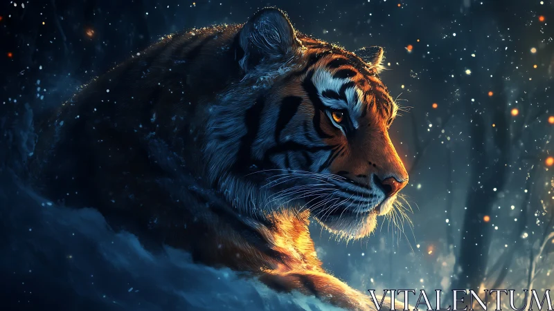 Majestic tiger rests in glowing winter forest snowfall