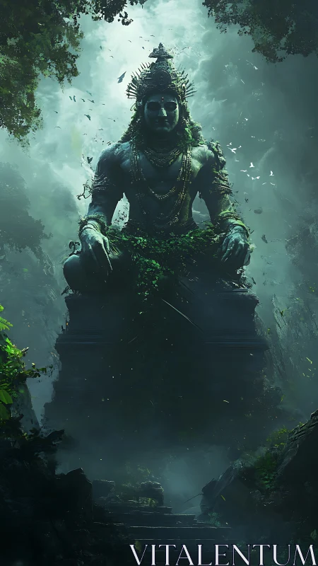 Ancient jungle deity statue looms in mystical emerald mist