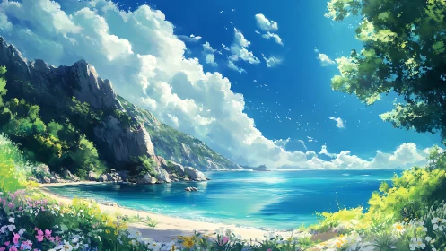 Sunlit coastal cove with layered cliffs, florals, and luminous surf