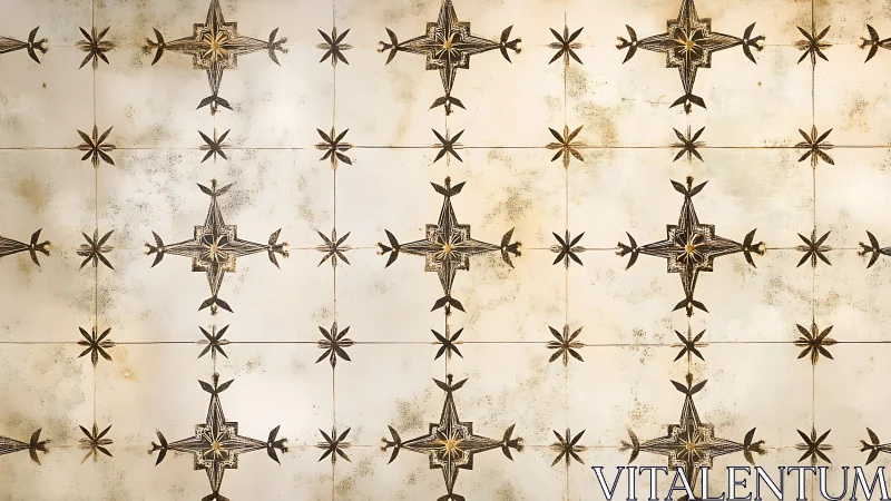 Vintage compass star motif on distressed ceramic tiles.