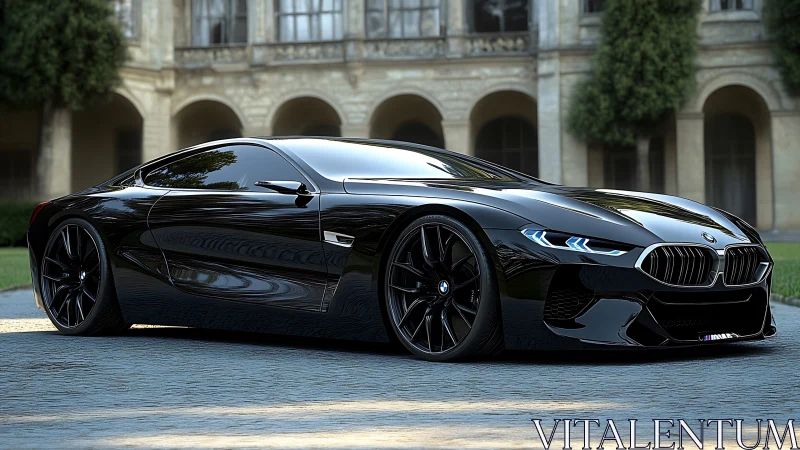 Midnight black BMW concept coupe before historic mansion.