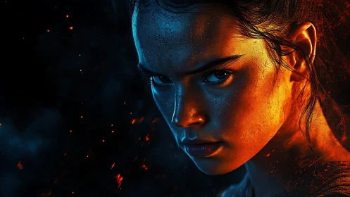 Profile portrait in blue and orange dual lighting setup.