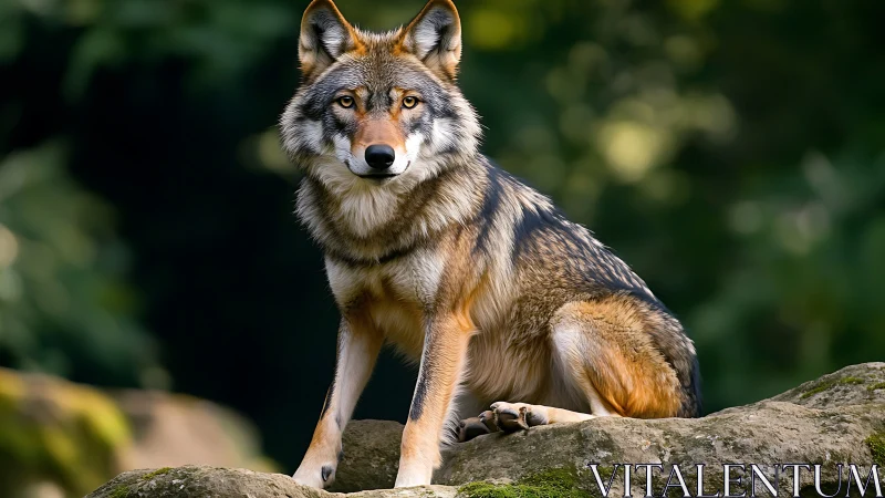 Gentle forest wolf resting watchfully on sunlit stones.