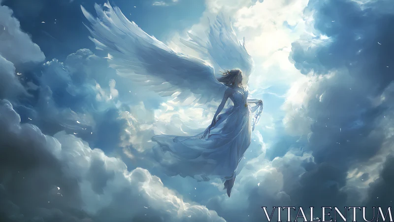 Skyborne seraph draped in stormlit, whispering light.