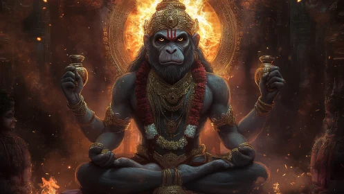 Radiant monkey deity sits in glowing temple firelight