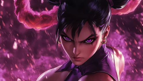 Fierce warrior locks eyes amid swirling violet energy storm