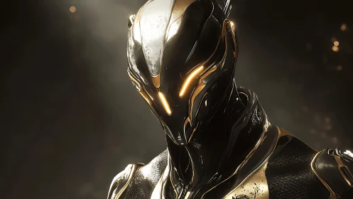 Futuristic armored android portrait with glowing visor lights