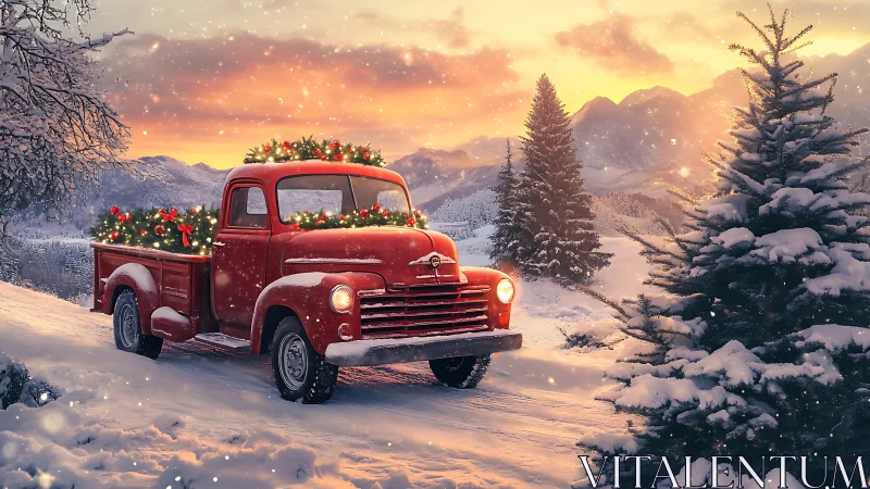 Vintage red pickup glows against luminous alpine winter sunset