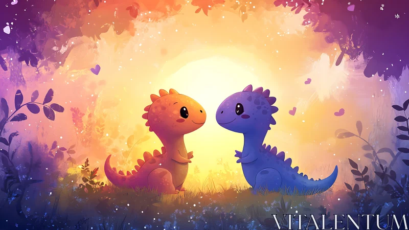 Biped cartoon dinosaur pair in backlit heart shaped forest portal
