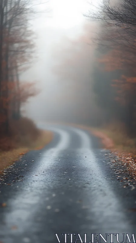 Wet Road Curves Through Misty Forest Canopy.