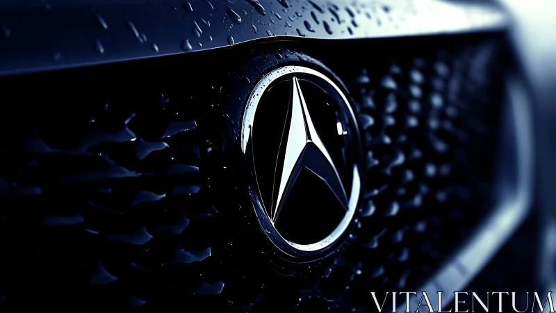 Mercedes front grille logo in close-up under raindrops