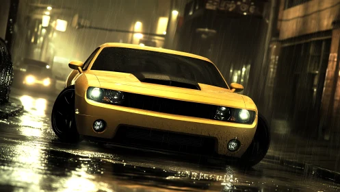 Yellow muscle car on wet nighttime city street in rain.