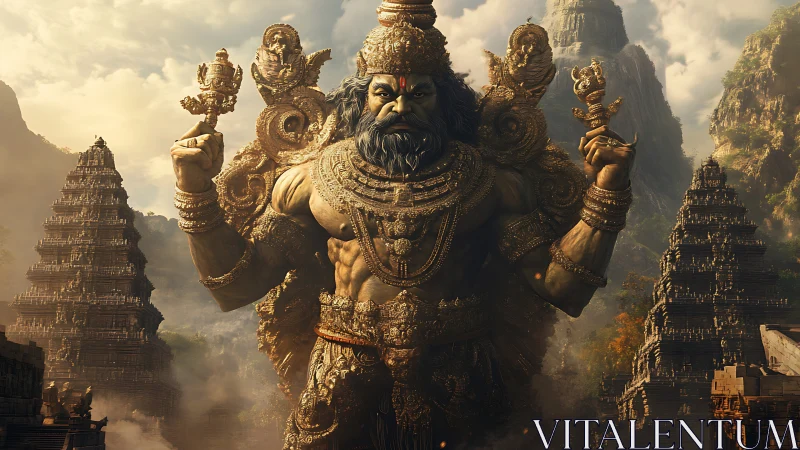 Colossal multi-armed warrior deity statue amid Dravidian temple towers.