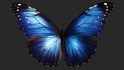 Blue butterfly specimen is displayed on dark neutral background
