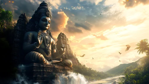 Colossal riverfront deity statue under glowing sunset sky.