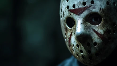 Weathered hockey mask close-up under moody low light.