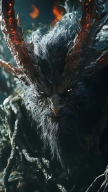 Horned demonic forest entity rendered in detailed profile.