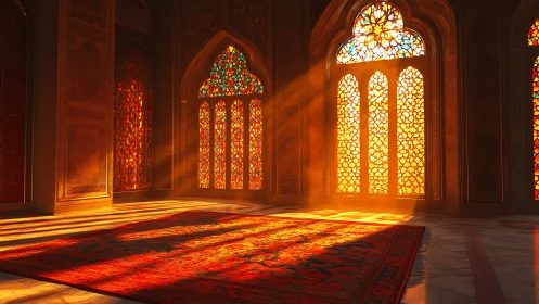 Volumetric sunrise through Islamic stained glass and carpet