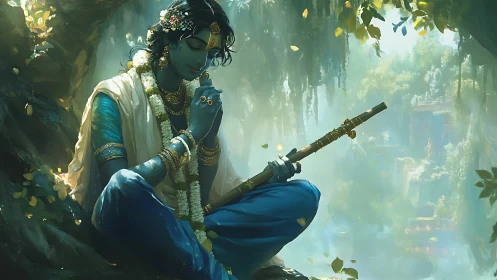 Krishna in luminous forest glade, meditating with flute.