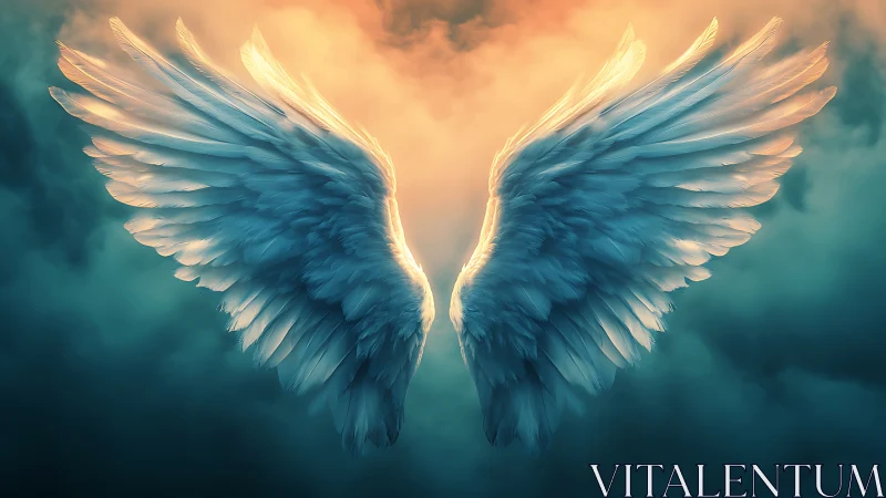 Gentle angel wings glowing softly in golden evening clouds.