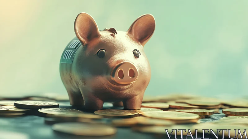 Golden piggy bank on scattered coins in soft teal bokeh light.