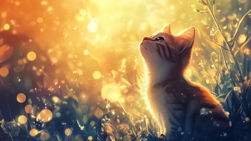 Golden hour kitten under glowing meadow light.