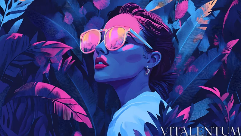 Neon jungle portrait captures a reflective, stylish gaze.