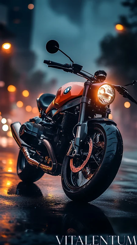 Midnight BMW roadster on rain-slick neon city street.