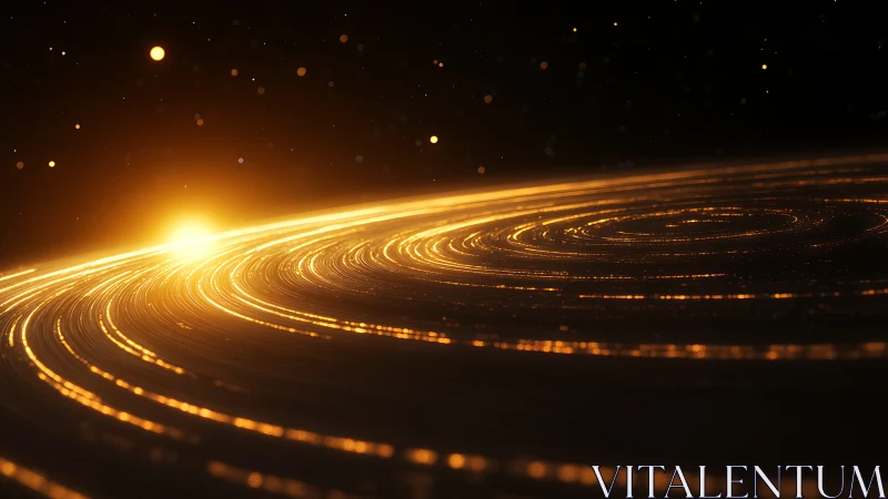 Glowing golden particle rings curve around bright central light.