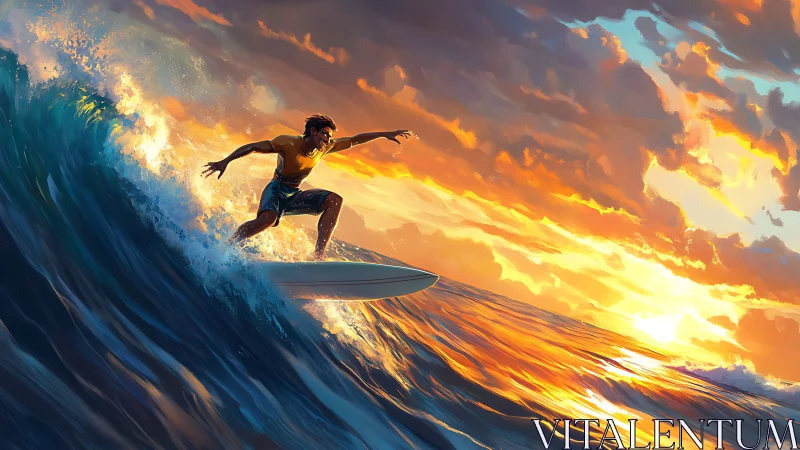 Dynamic surfer carving sunset wave with high-contrast lighting effects