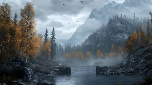 Foggy river valley with autumn trees and rocky mountains.