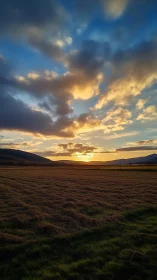 Golden country sunset over gentle fields and hills.
