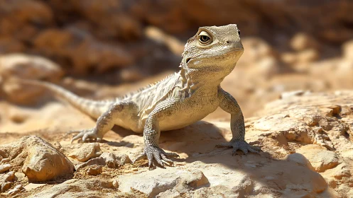 Alert desert lizard poised on sunlit sandstone terrain.