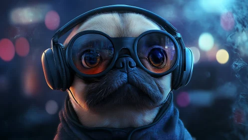Headphone-wearing pug lost in neon city night sounds.