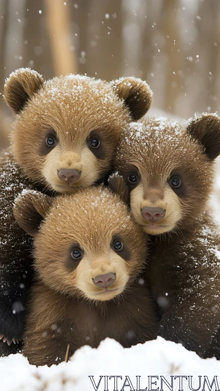 Snow-dusted bear cub trio sharing a cozy winter cuddle.